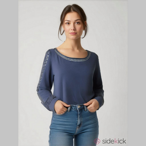 Boden Womens 6 Blue Cotton Boho Crochet Trim Long Sleeve Pullover Blouse Top